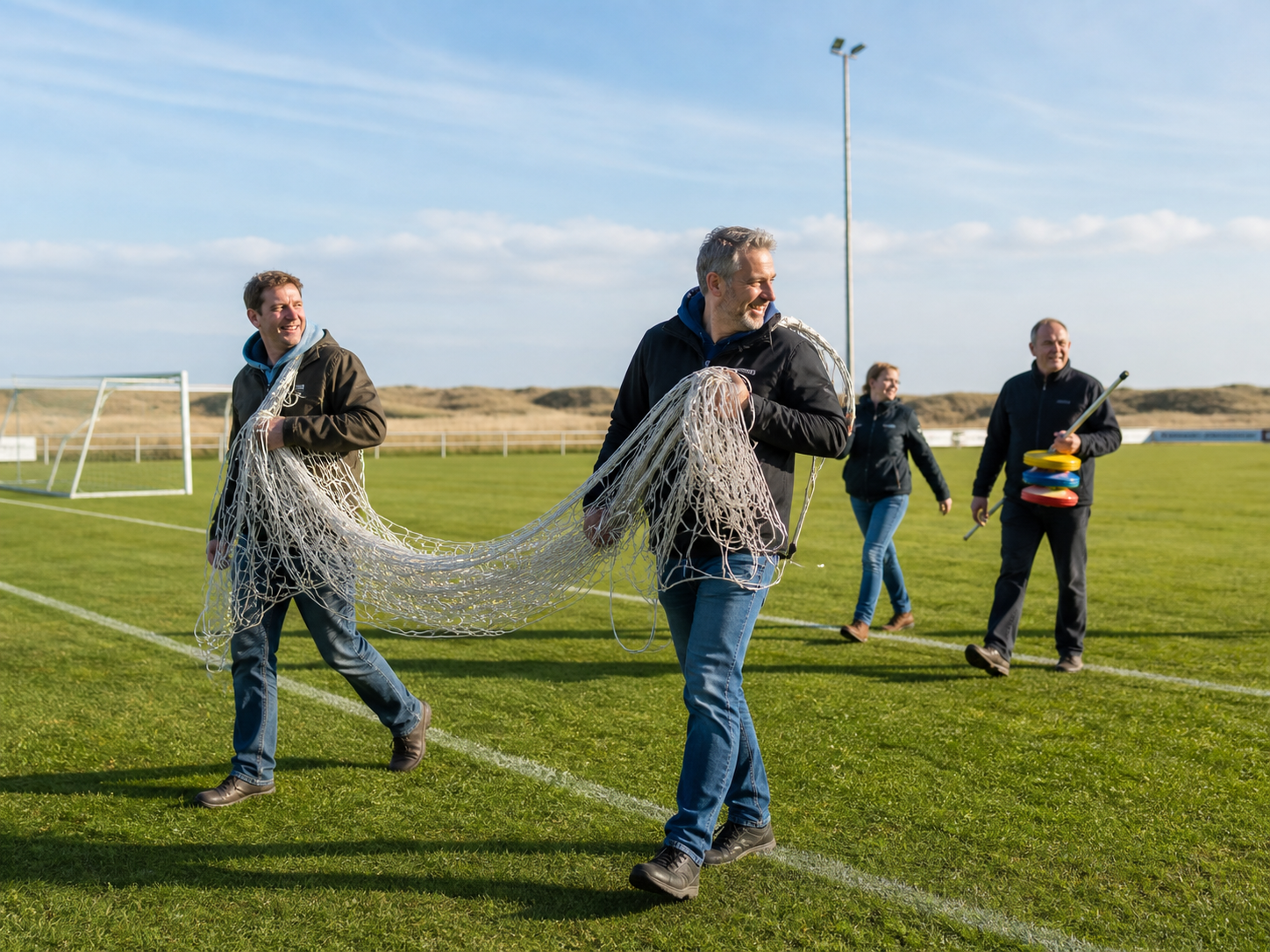 Vrijwilligers dragen nieuwe voetbalnetten en trainingsmateriaal